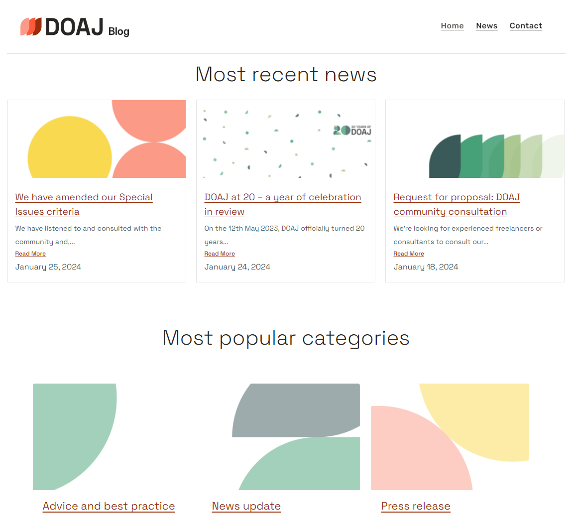 A screenshot of a preview of the new blog, showing the DOAJ logo top left, followed by a 'Most recent news' section and a 'Most popular categories' section