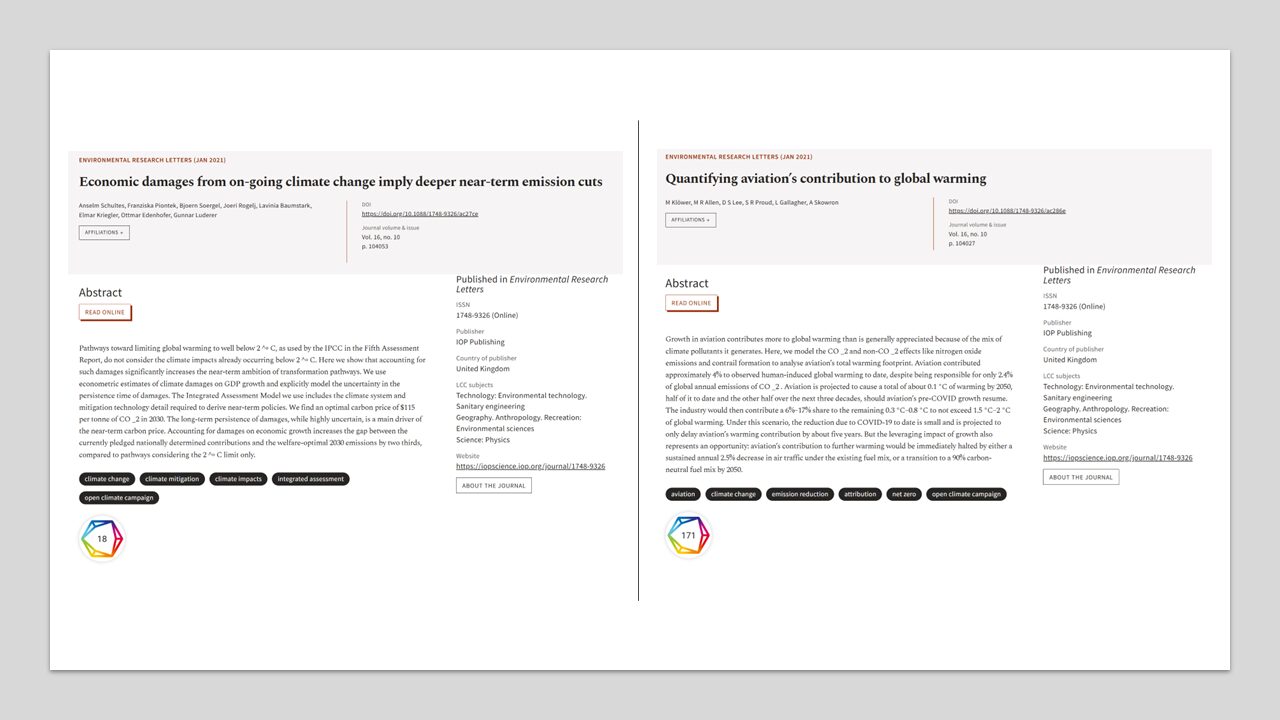 Two screenshots of abstract pages of articles with the open climate campaign as a keyword