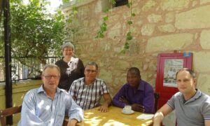 First DOAJ Ambassador meeting, Island of Crete, Greece, June 20, 2016 (Pictured from left: Lars Bjørnshauge, Judith Barnsby, Kamel Belhamel, Pascal Soubeiga, and  Maxim Mitrofanov)