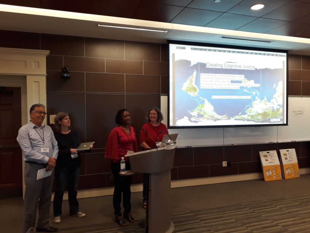 Image: 2018 Triangle Scholarly Communication Institute,  Duke University Libraries, North Carolina, USA, October 10, 2018 (Pictured from left) Kamel Belhamel, Aurélie Fichot, Zoé Aubierge Ouangré,  RIP Florence Piron