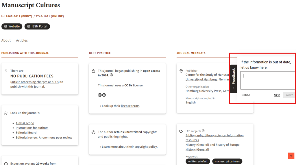 Image: A screenshot of the DOAJ Feedback widget on the right side of the screen for individual journal entries.