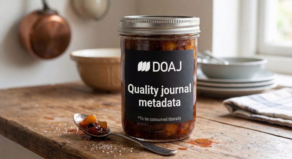 Jar of preserves on a bench next to a spoon with the label DOAJ - Quality journal metadata - to be consumed liberally. Image generated by Gemini AI